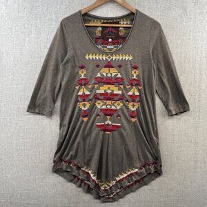 Johnny Was Tunic Blouse Small Gray Aztec 3/4 Sleeve Embroidered Boho Scoop